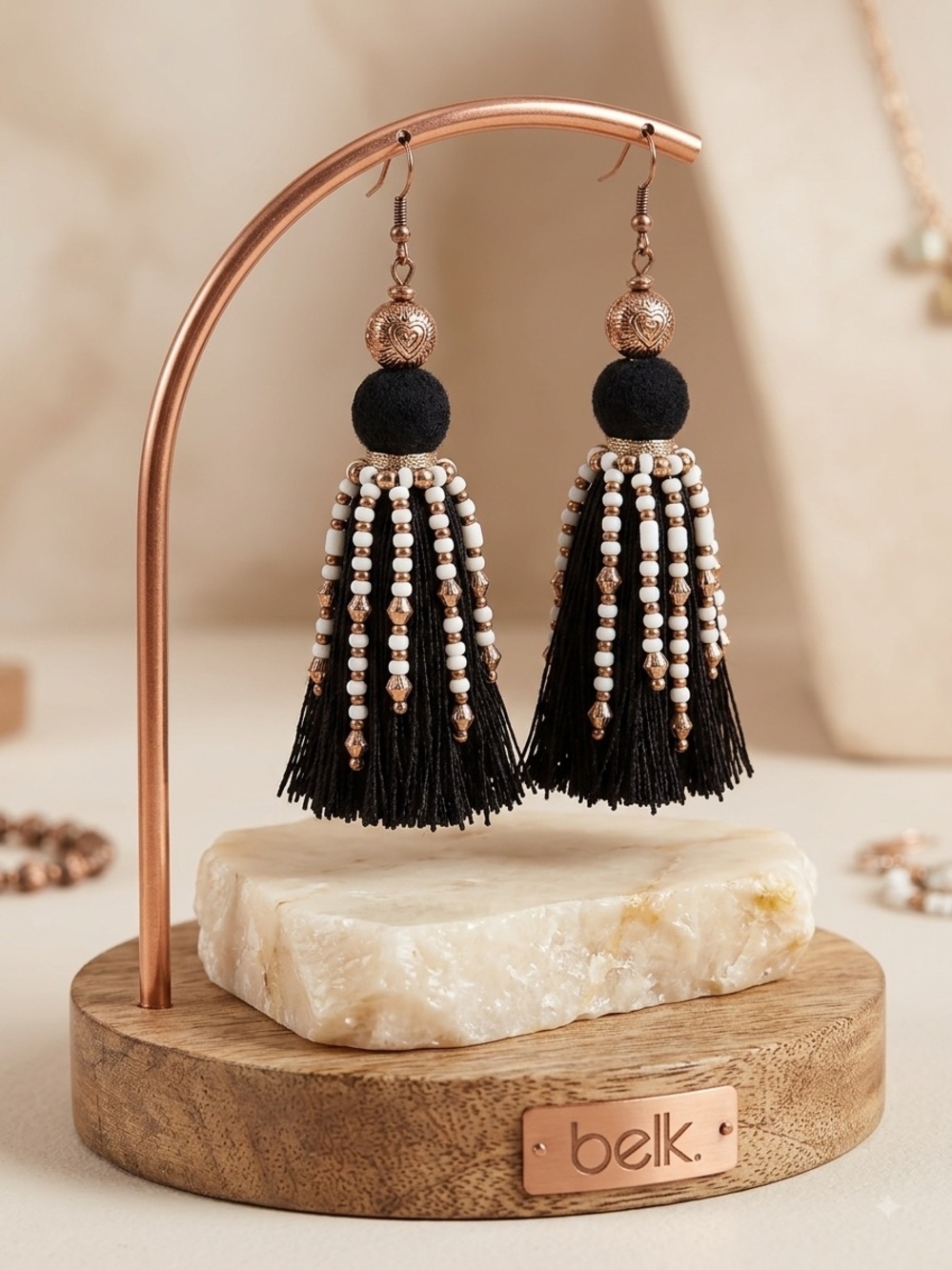 belk Black and White Beaded Tassel Drop Earrings with Gold Accents